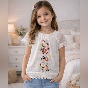 Forever Me Girls Embroidered Swiss Dot Blouse Floral Lace Trim Size 6